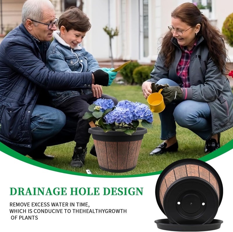 Quarut 4 Pack 12 inch Plant Pots,Whiskey Barrel Planters with Drainage Holes & Saucer,Plastic Decoration Flower Pots Retro Design,Planters for Outdoor Indoor Garden Home Plants (Brown) - Image 2